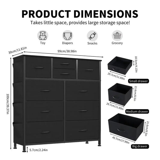 Black 10-drawer storage cabinet with wood top and side pocket for bedroom closet organization and varying sized compartments