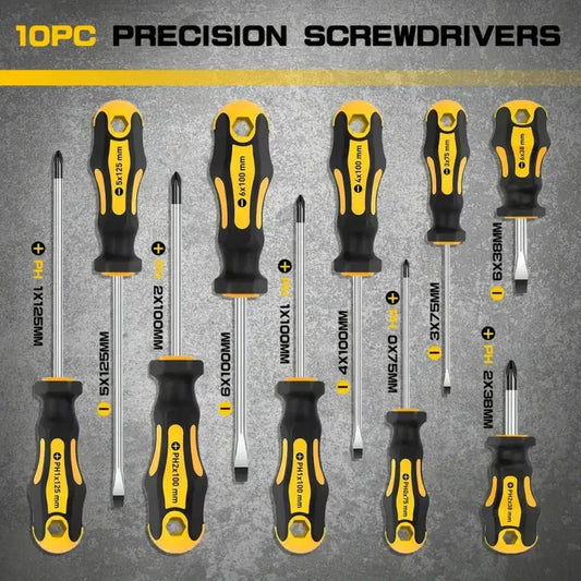 Set of ten precision screwdriver set with black and yellow ergonomic handles and 3-6inch metallic shafts labeled by size