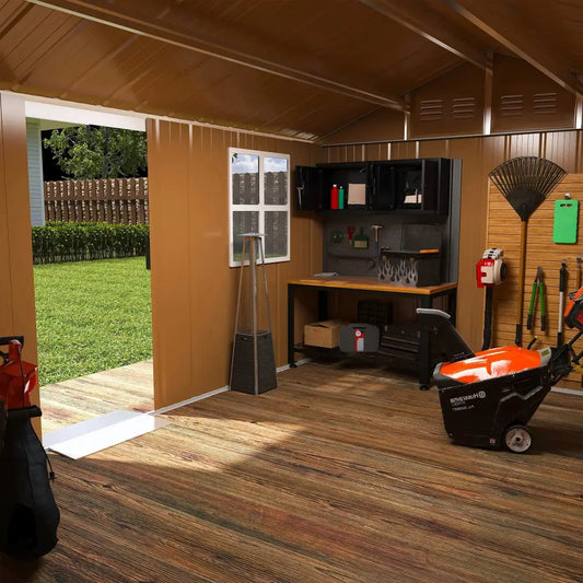 Black and orange snow blower in front of a 12x8 ft heavy-duty metal storage shed with windows and lockable door