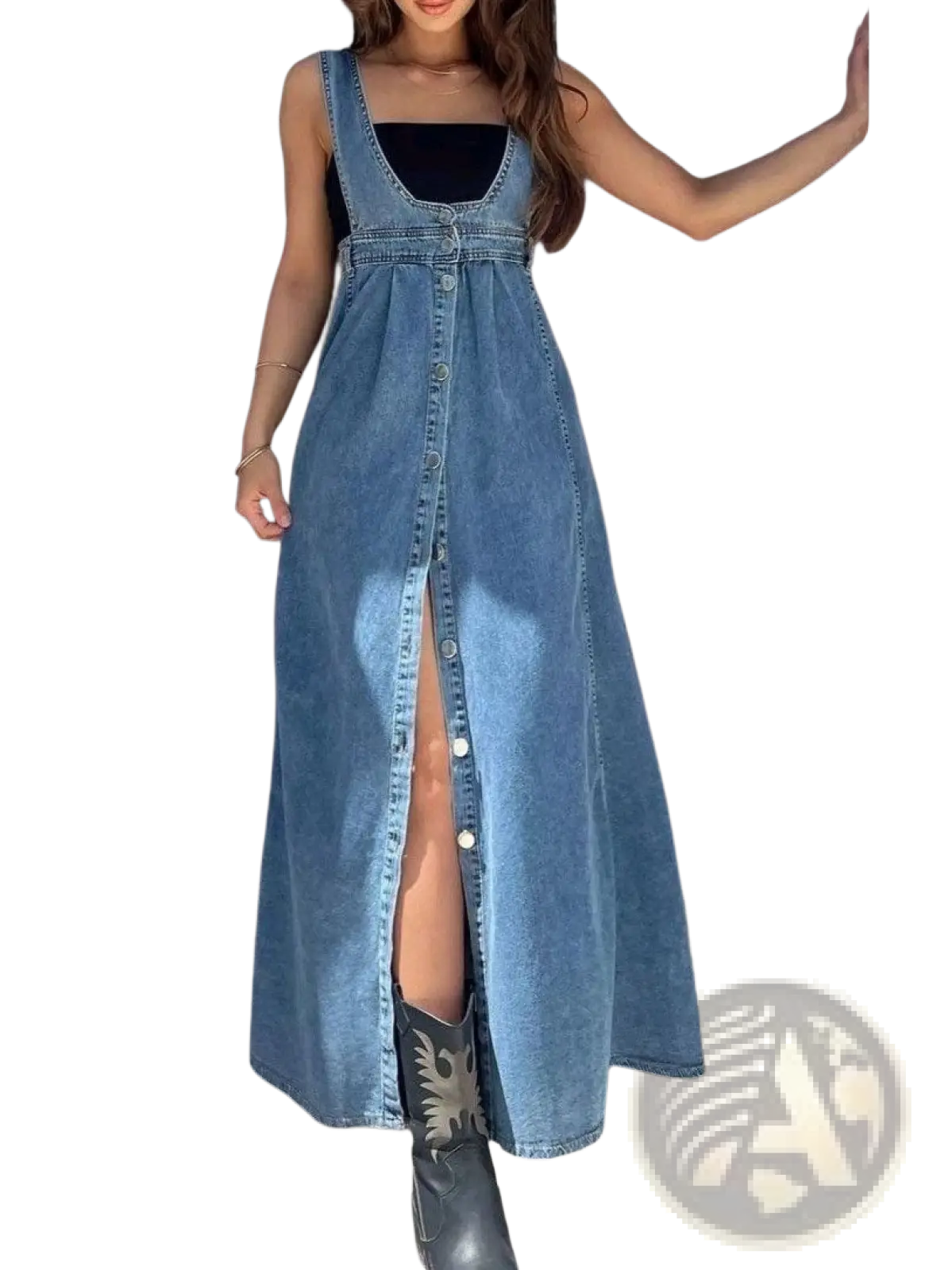 maxi overall dress Button front high slit denim blue – ARBA Global Women's Silver Heels & Denim Pinafore Dress Women vintage 70s Size:XL - 10(US) - 14(UK)