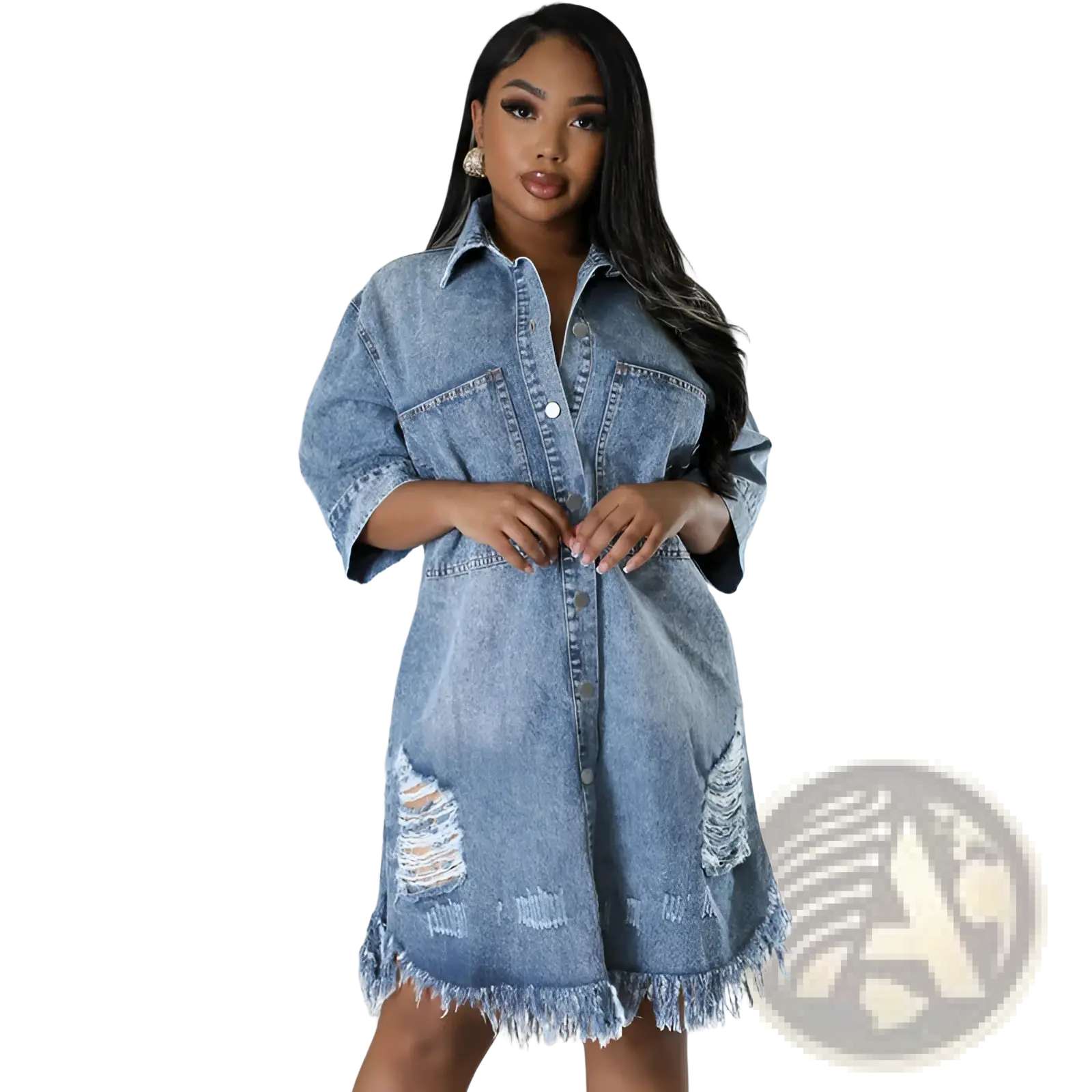 Distressed frayed hem denim midi shirt dress arba – ARBA Global