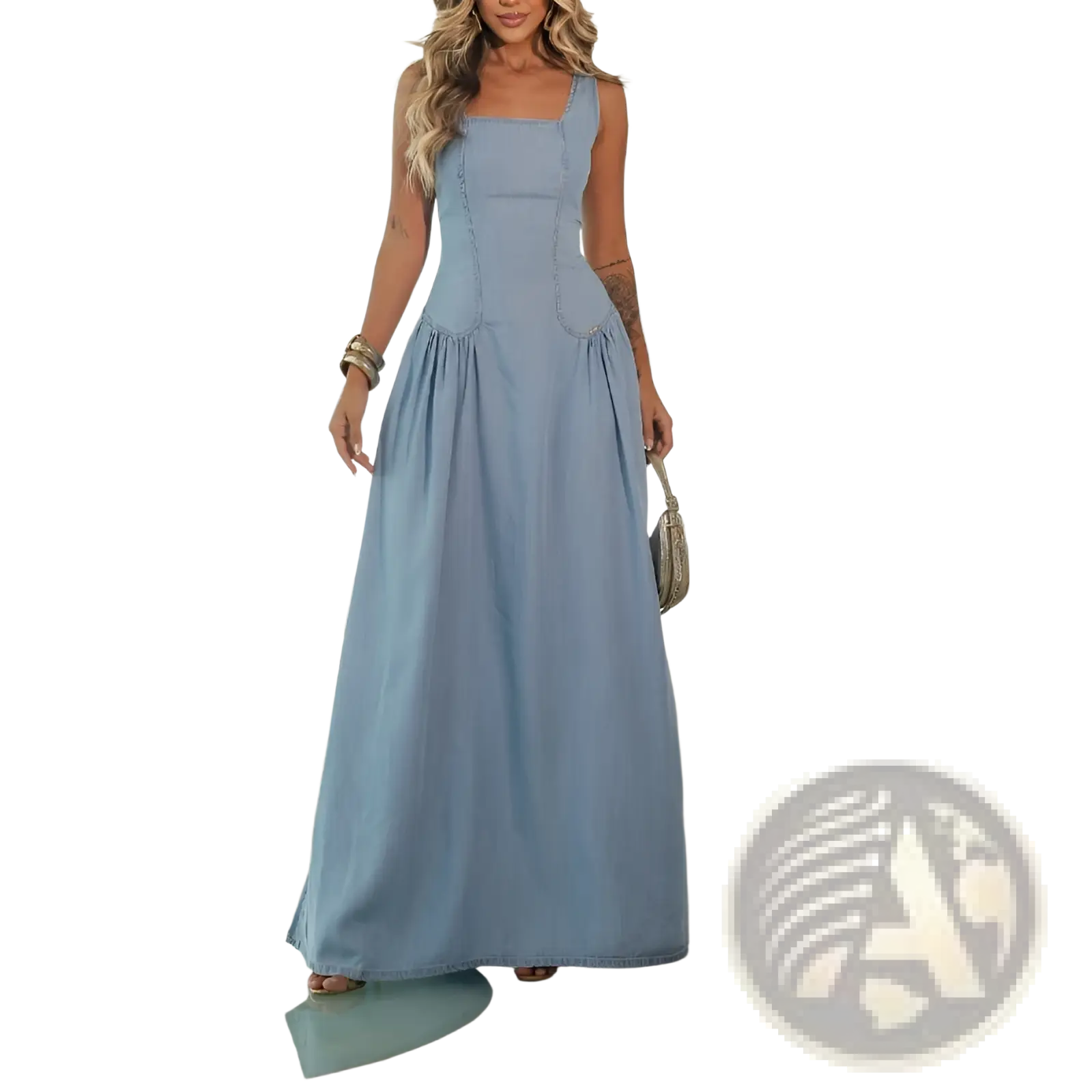 Light blue denim square neck maxi dress with side slit – ARBA Global