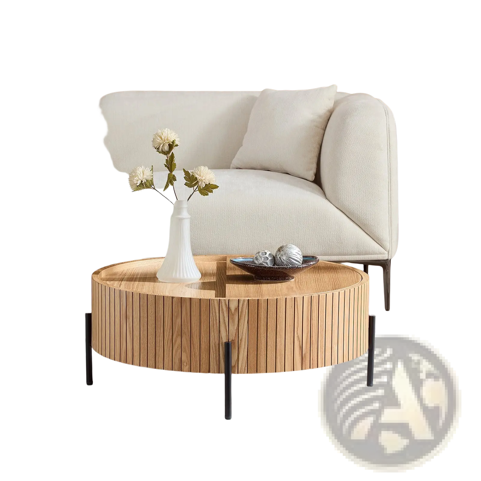 Runder Lamellen-Couchtisch zur Aufbewahrung, aus Holz, für das Wohnzimmer