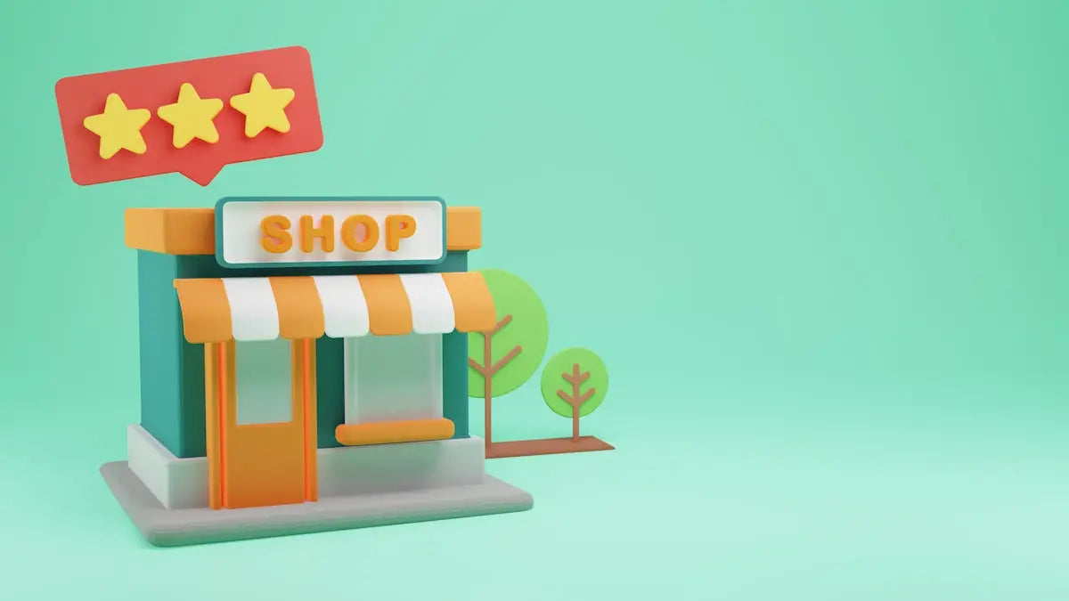 A colorful 3d model of a shop with teal walls and orange white striped awning featuring a red speech bubble with three stars.