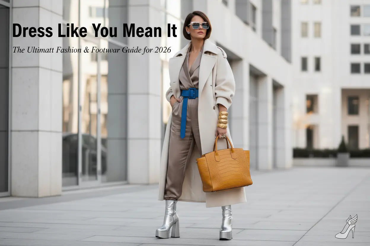 Beige trench coat with blue belt paired with silver platform heels featured in 2026 fashion and footwear guide.