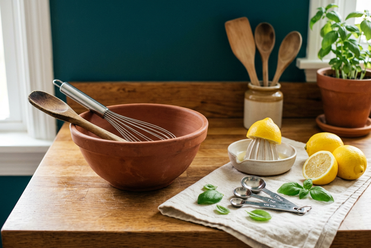 Terracotta mixing bowl, whisk, wooden utensils, citrus juicer and fresh lemons on a wooden counter against a deep teal wall.