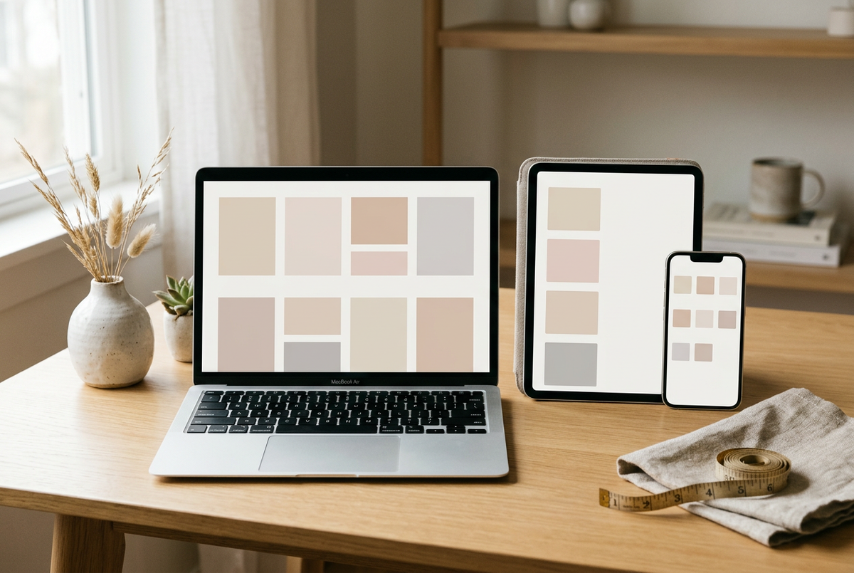 Laptop, tablet and smartphone with abstract shopping layouts on a wooden desk beside fabric and a measuring tape.