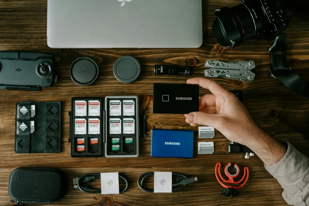 Black Samsung external solid-state drive held in hand featured in best affordable tech gadgets and ecommerce deals article