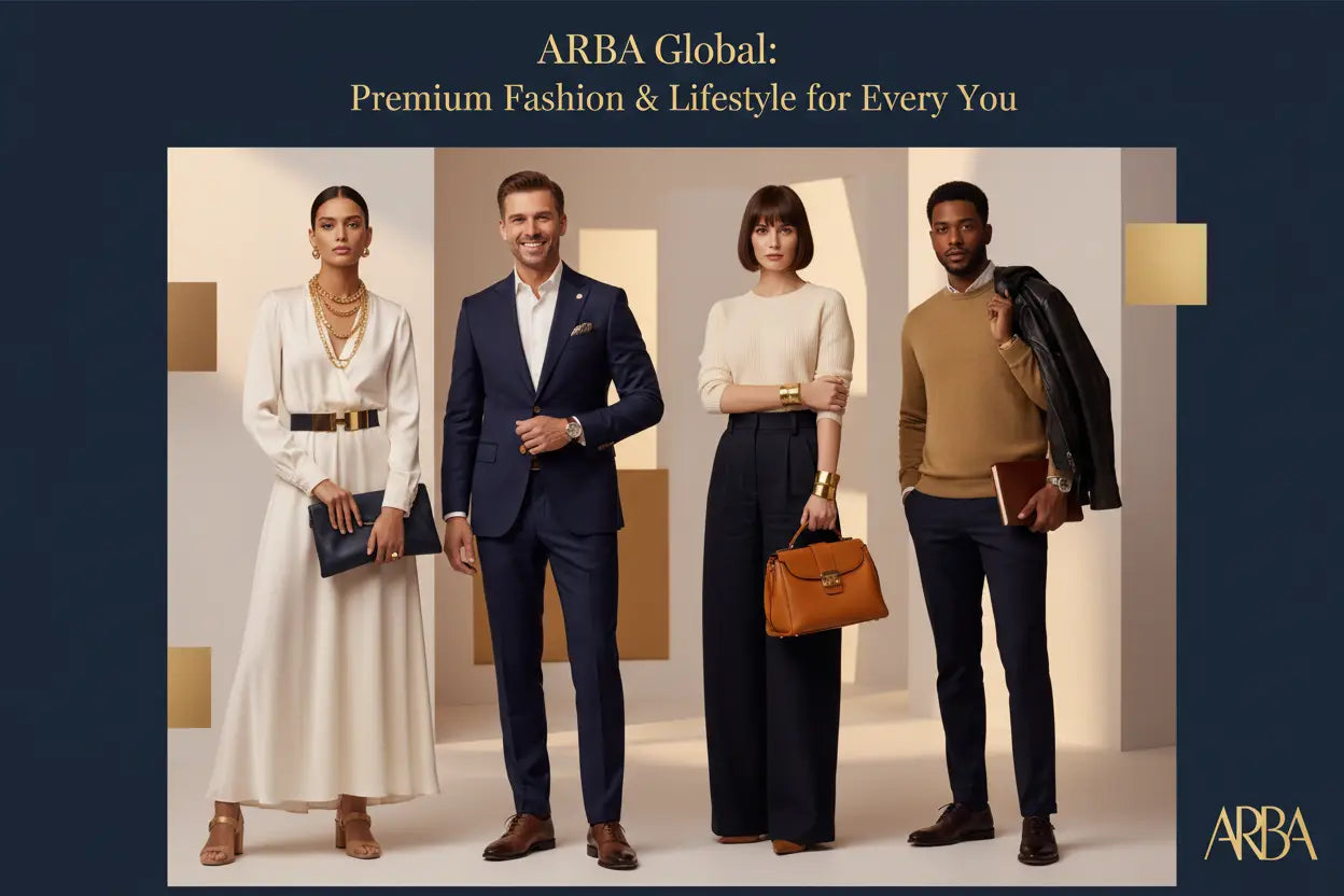 Navy blue suit with white dress shirt and matching tie showcasing affordable premium fashion at ARBA Global.