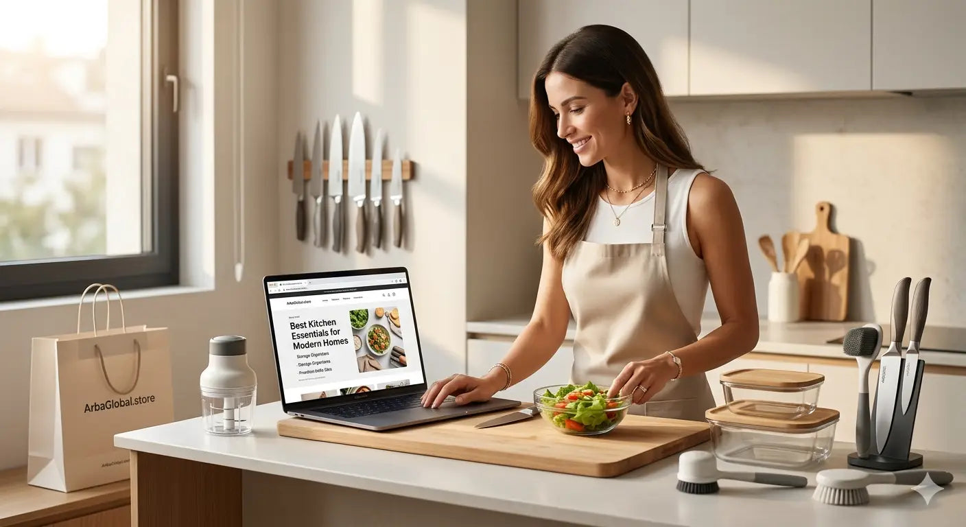Beige cotton apron with adjustable straps and front pocket worn by woman in kitchen for efficient cooking.