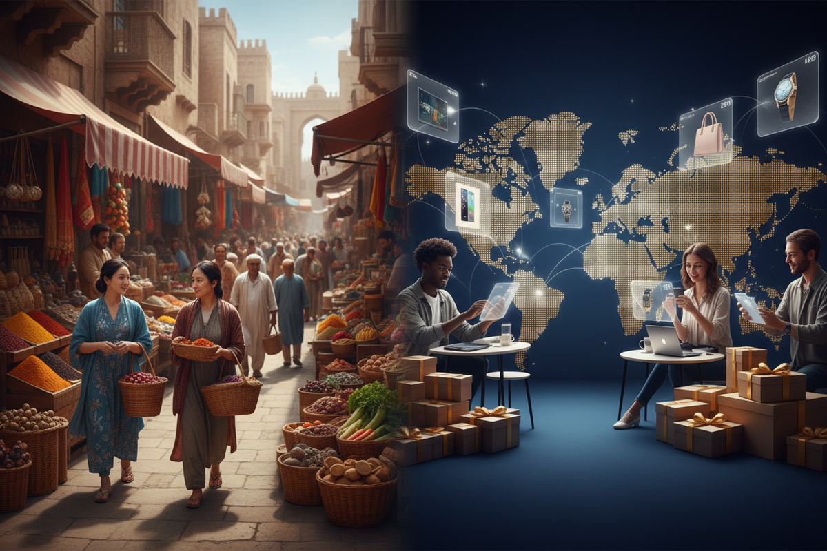 Illustration representing global ecommerce shopping with technology, fashion clothing, home essentials and online products