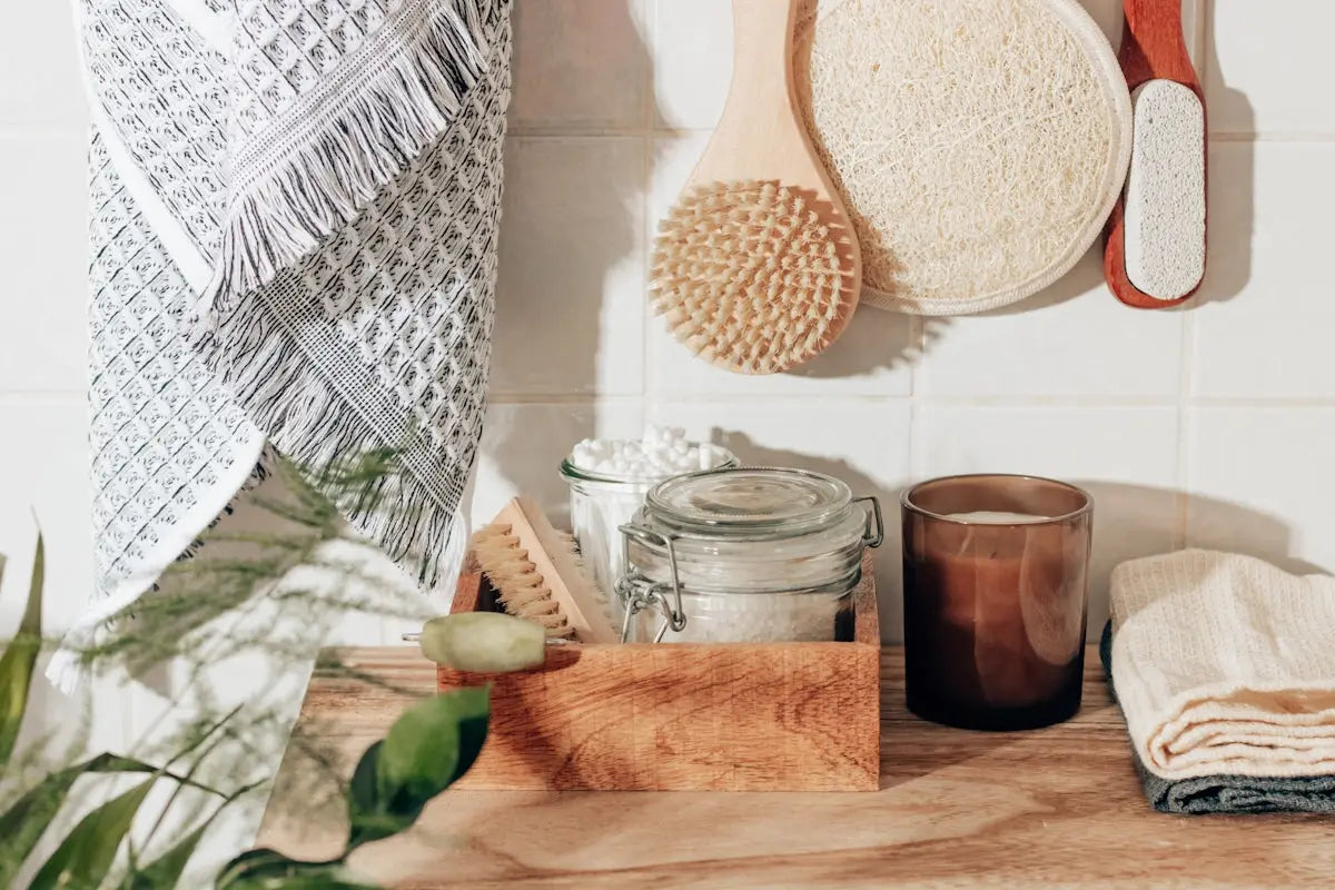 Wooden tray holding a clear glass jar with white contents and a small brush for home essentials in online shopping guide