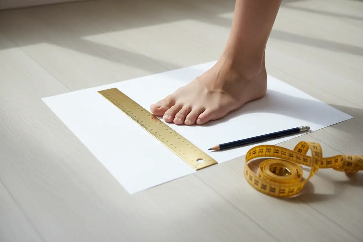 A bare foot resting on white paper beside a golden ruler and yellow measuring tape for shoe size measurement at home