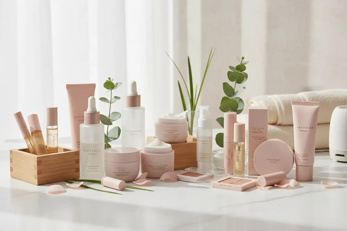 Pink and white skincare bottles, cream jars, makeup, and personal care products arranged with greenery and folded towels on a bright countertop.