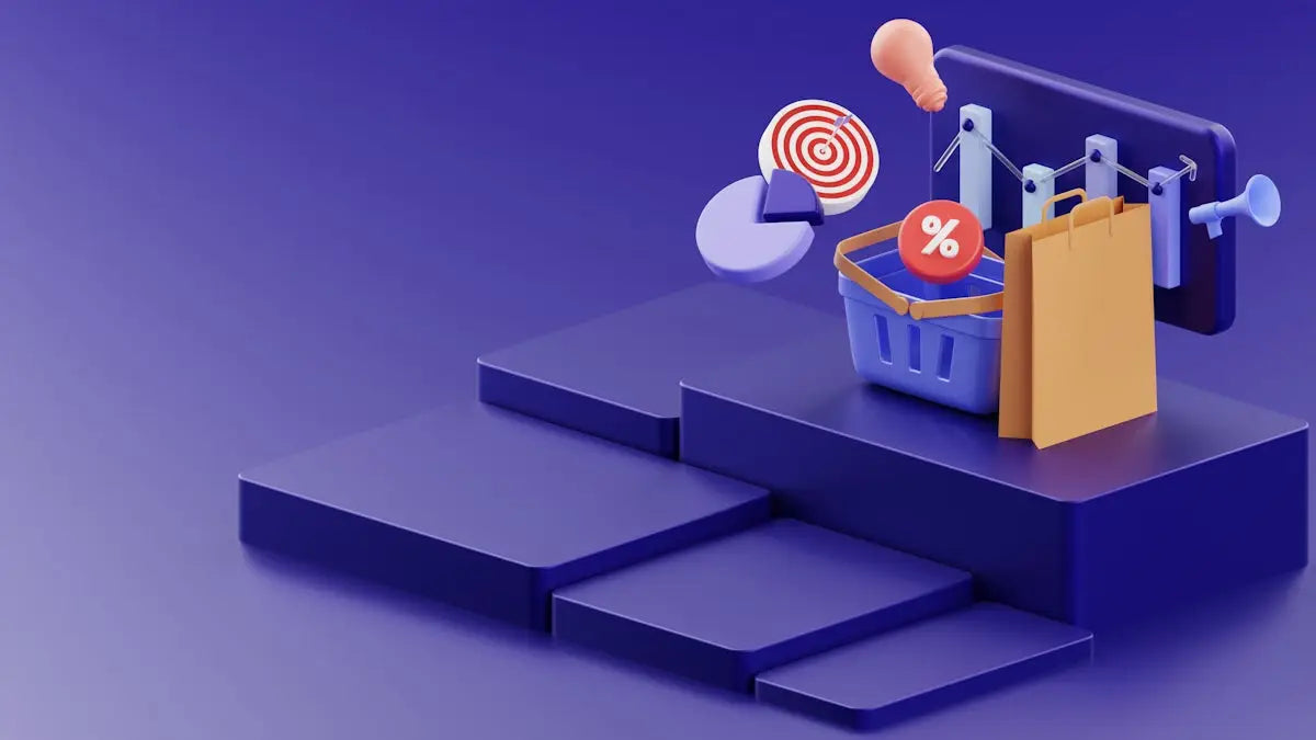 Blue shopping basket with orange percentage sign and retail icons on tiered platform for affordable shopping online