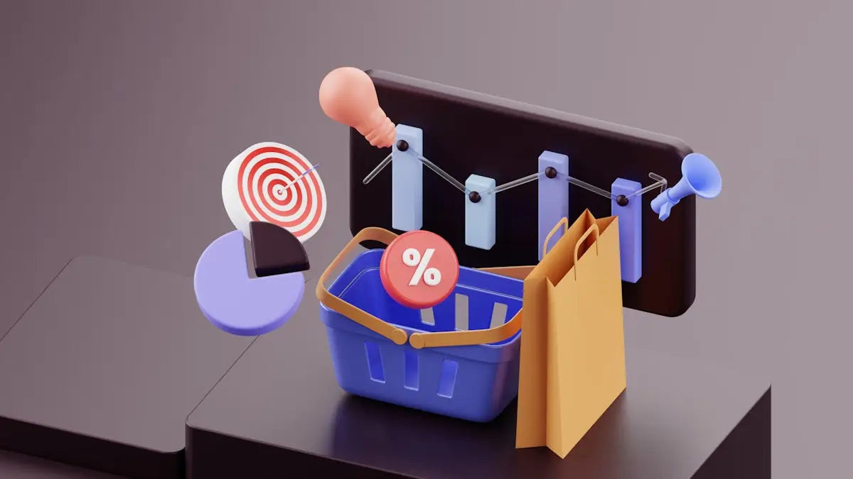 Blue plastic shopping basket with brown handles and red percentage symbol promoting deals at Arba Global Store.