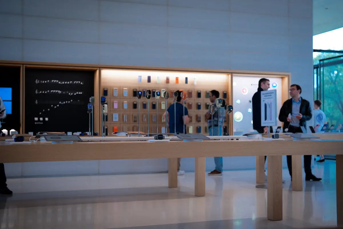 A sleek minimalist display of apple iphone models arranged neatly in a well-lit retail store at arba global