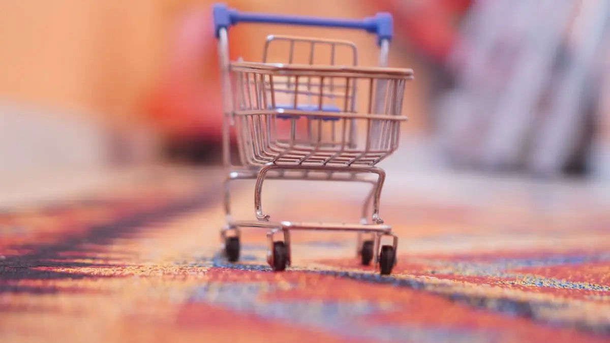 Miniature metal shopping cart with blue plastic handle and wheels featured in shop trending lifestyle products and electronics online