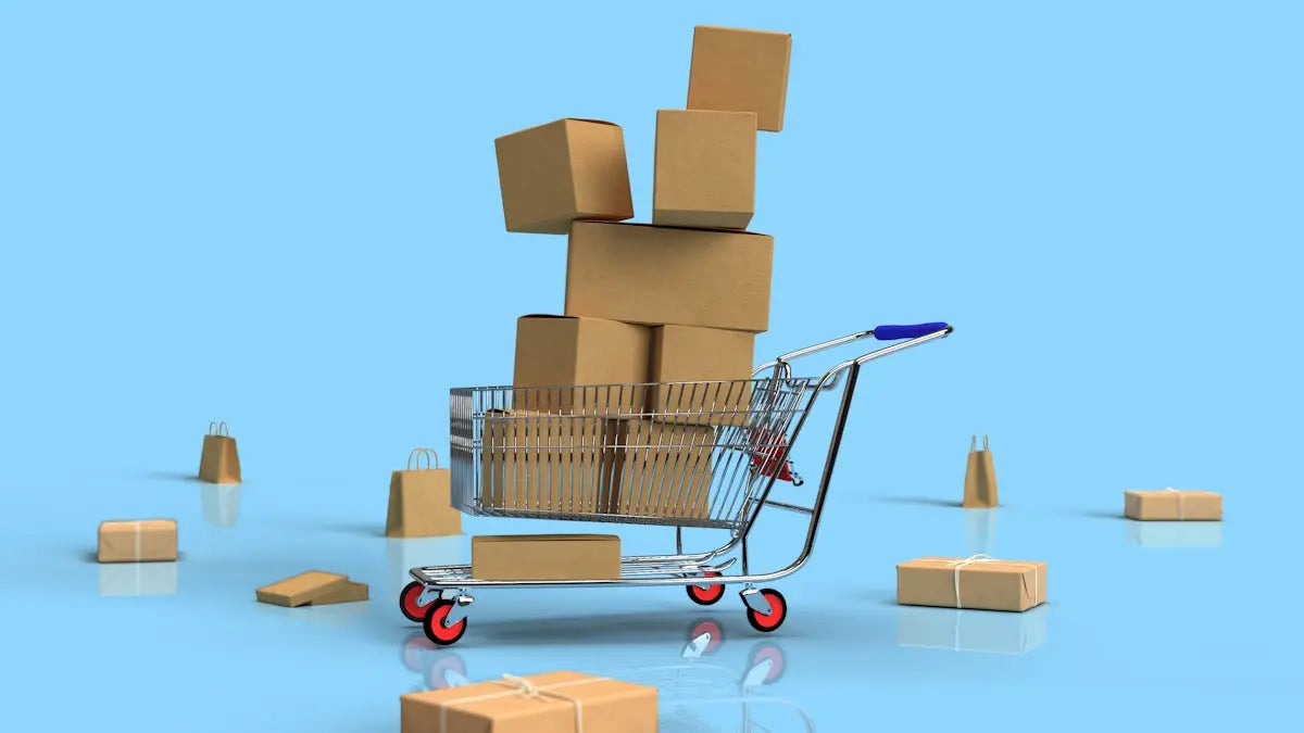 A chrome-finished shopping cart with red wheels filled with brown cardboard boxes in Arbaglobal tech and fashion store.