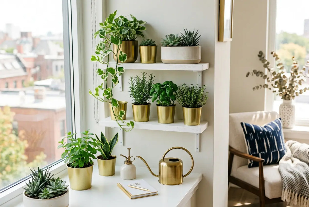 Gold-colored metal planters with a sleek design hold green succulents for small-space gardening essentials.