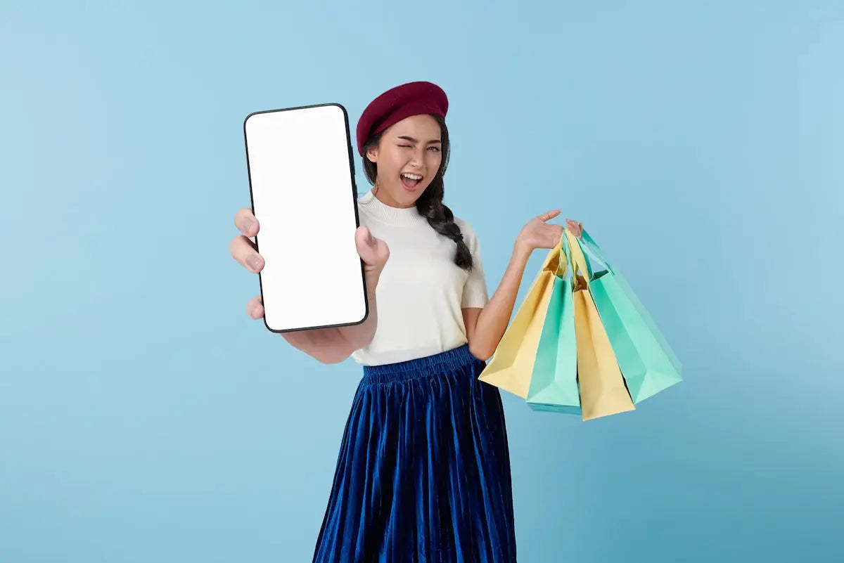 A woman in a white top and blue velvet skirt holds a smartphone with a blank screen and colorful shopping bags.