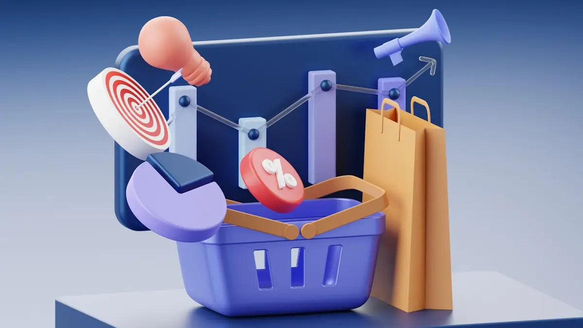 Blue plastic shopping basket with handle and side slits filled with colorful 3d retail icons for smart online shopping guide