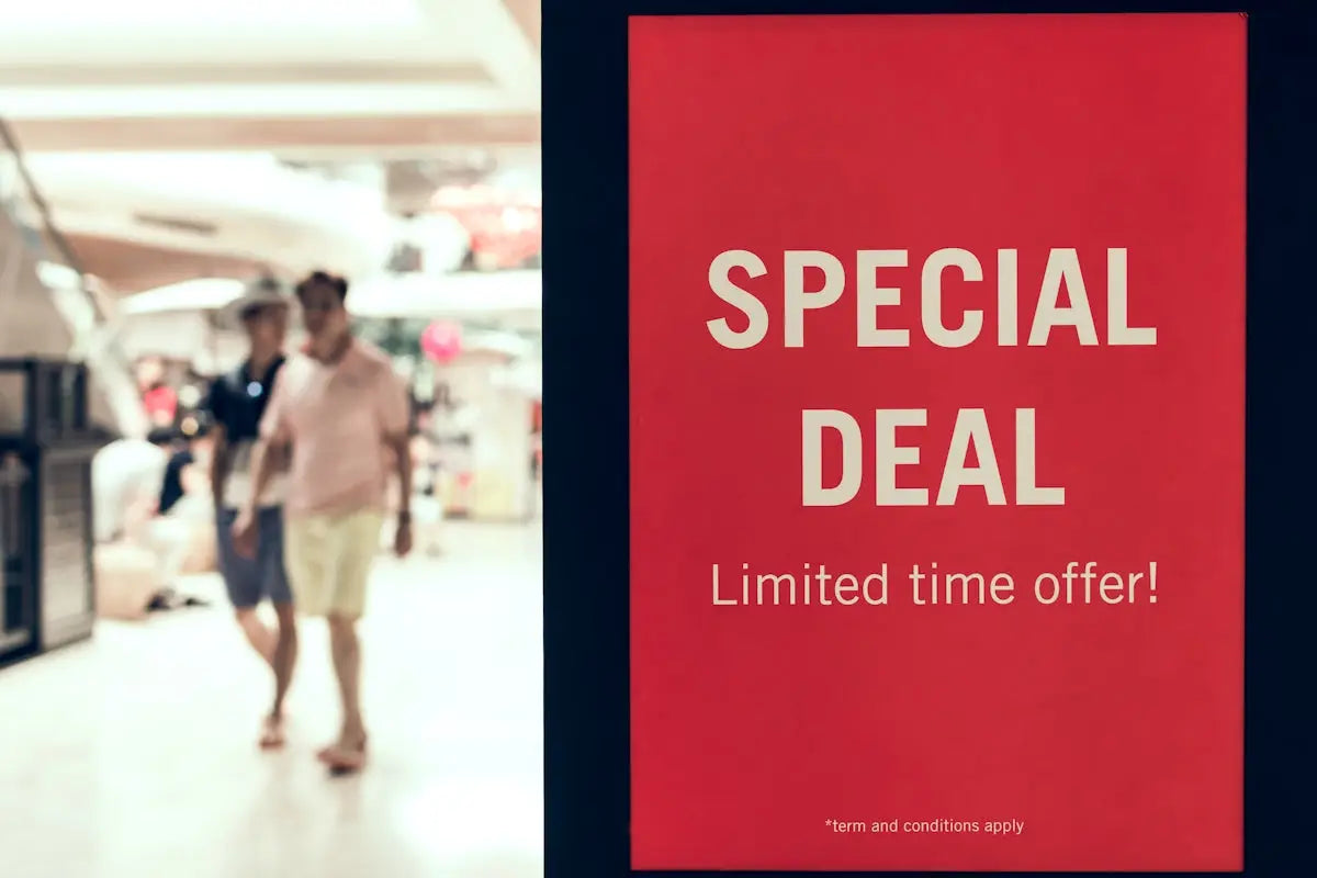 Red digital sign displaying special deal and limited time offer for smart online shopping tips on affordable products.