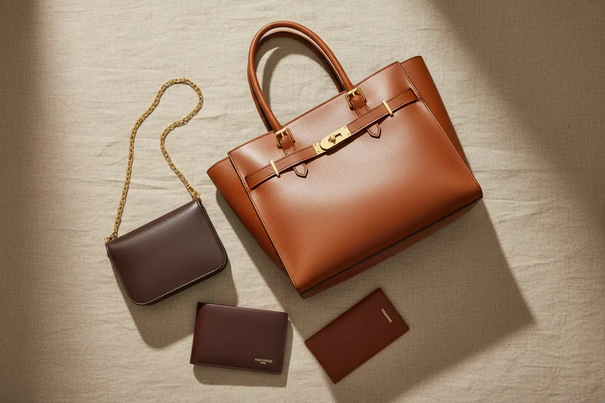 Brown leather tote bag with structured design and gold tone hardware featured in timeless leather goods and bags guide.