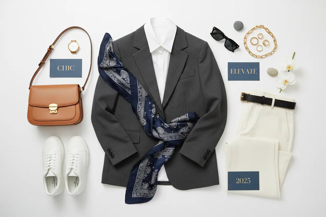 Dark gray blazer paired with a navy blue patterned scarf showcasing essential 2025 fashion trends.