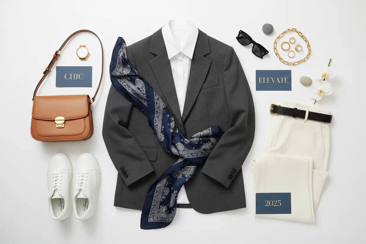 Dark gray blazer paired with a navy blue patterned scarf showcasing essential 2025 fashion trends.