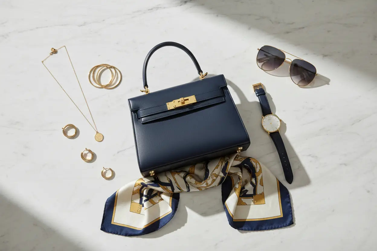 Navy blue leather handbag with gold-tone hardware and classic flap closure featured in top fashion accessories 2026