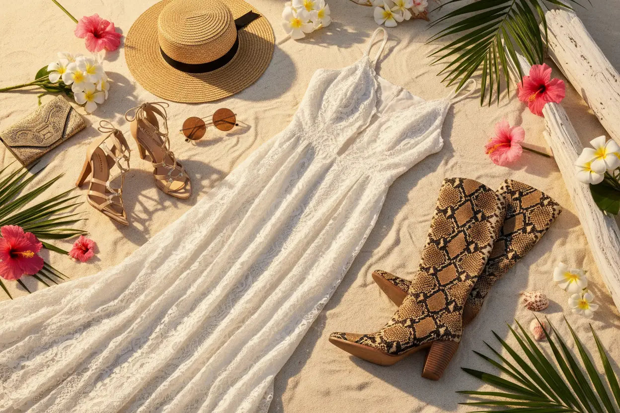 White lace sundress with thin spaghetti straps and a flowing floor-length silhouette featured in summer fashion trends 2026 style guide