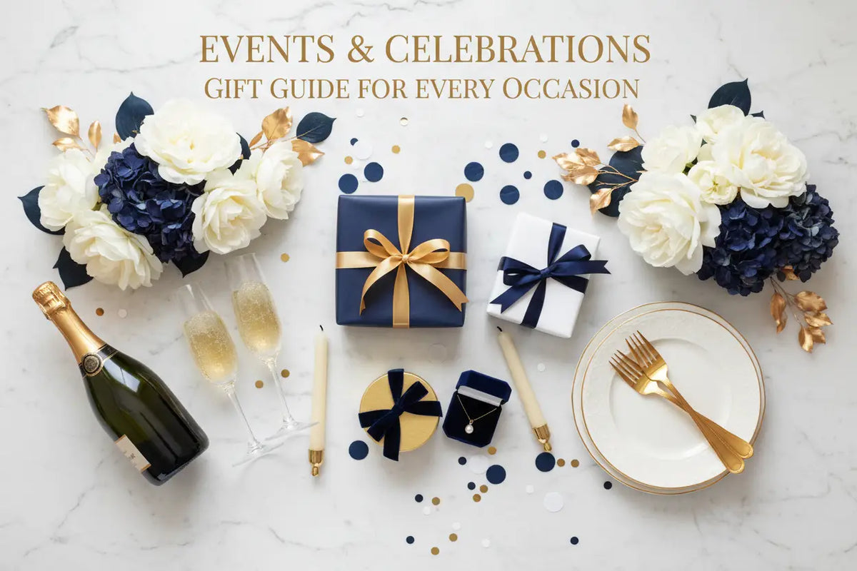 Navy blue gift box with gold satin ribbon and bow for elegant celebrations in the ultimate gift guide.