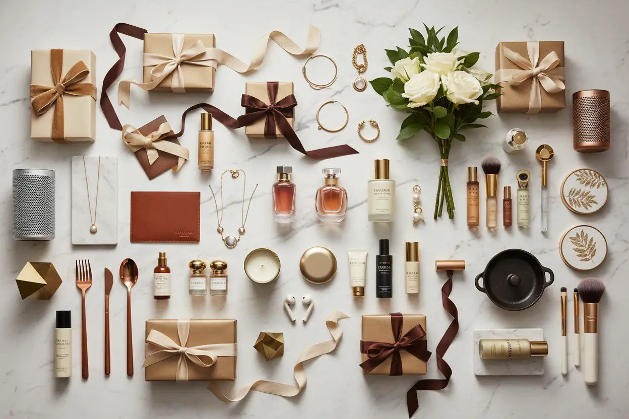 A bouquet of white roses with green stems and leaves featured in the ultimate worldwide gift guide for every occasion.