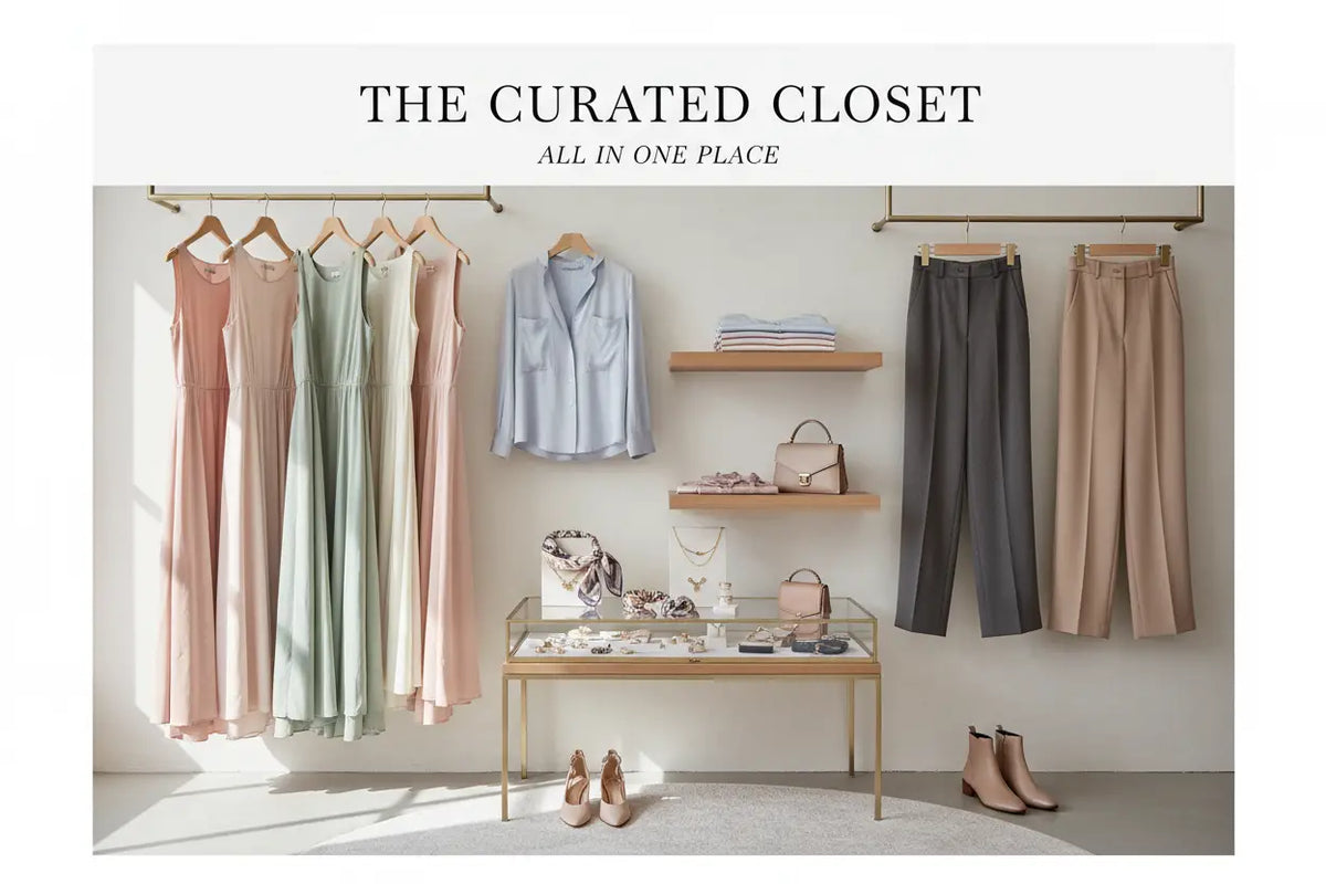 Women’s wardrobe display with pastel dresses, a pale blue blouse, tailored trousers, handbags, jewelry, heels, and ankle boots.