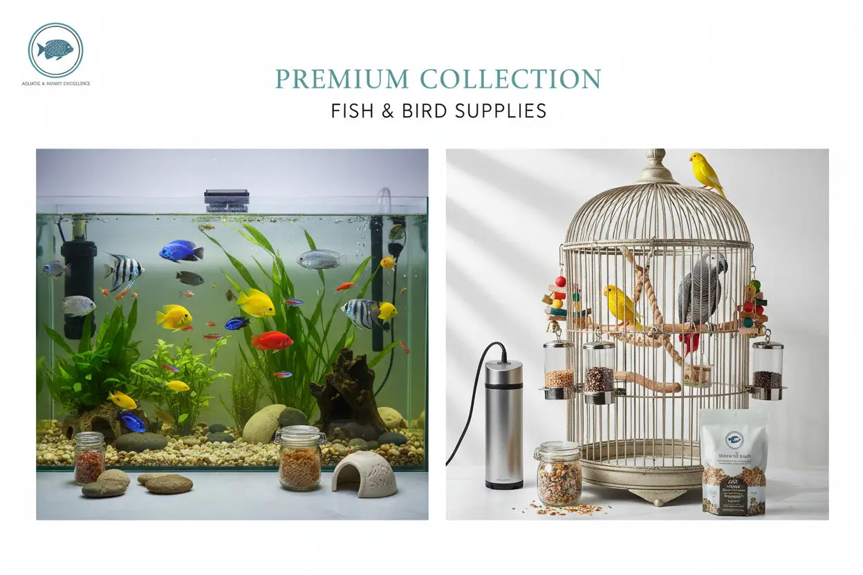 A premium collection of aquatic and avian essentials featuring a colorful tropical fish aquarium and a decorative metal birdcage with yellow canaries and gray parrots