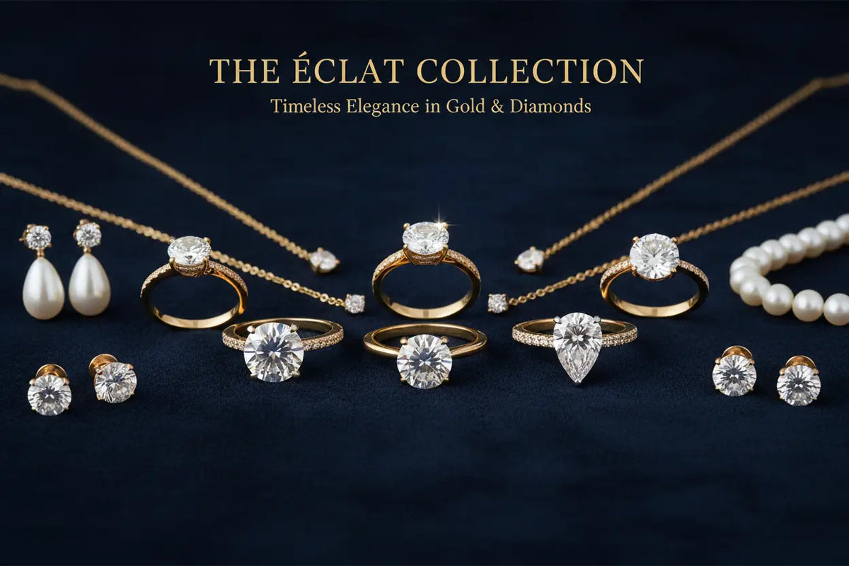 The éclat collection by ARBA global features elegant gold rings with round pear and marquise diamond cuts.