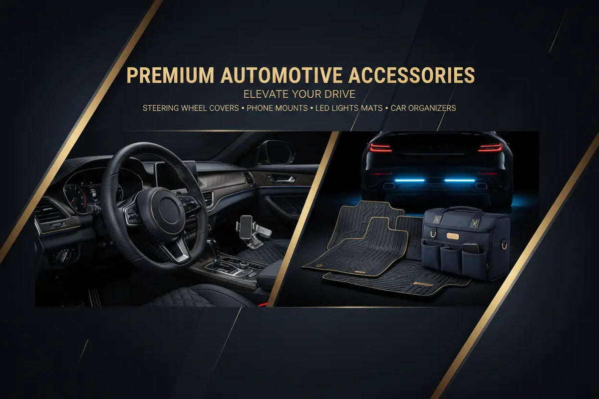 Black rubber floor mats with textured grip pattern and reinforced edges displayed with matching black car organizer bag