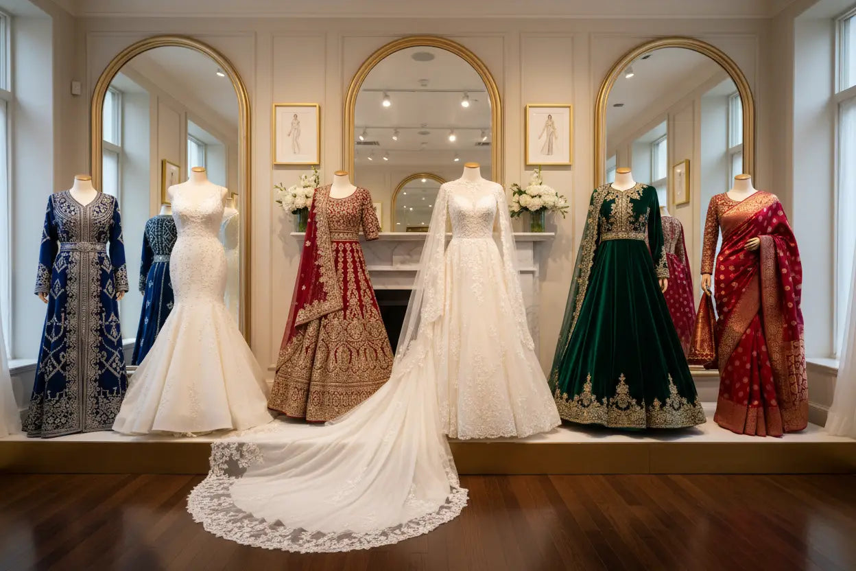 A white lace wedding gown with a long train and delicate beading from bridal and ethnic occasion wear collection.