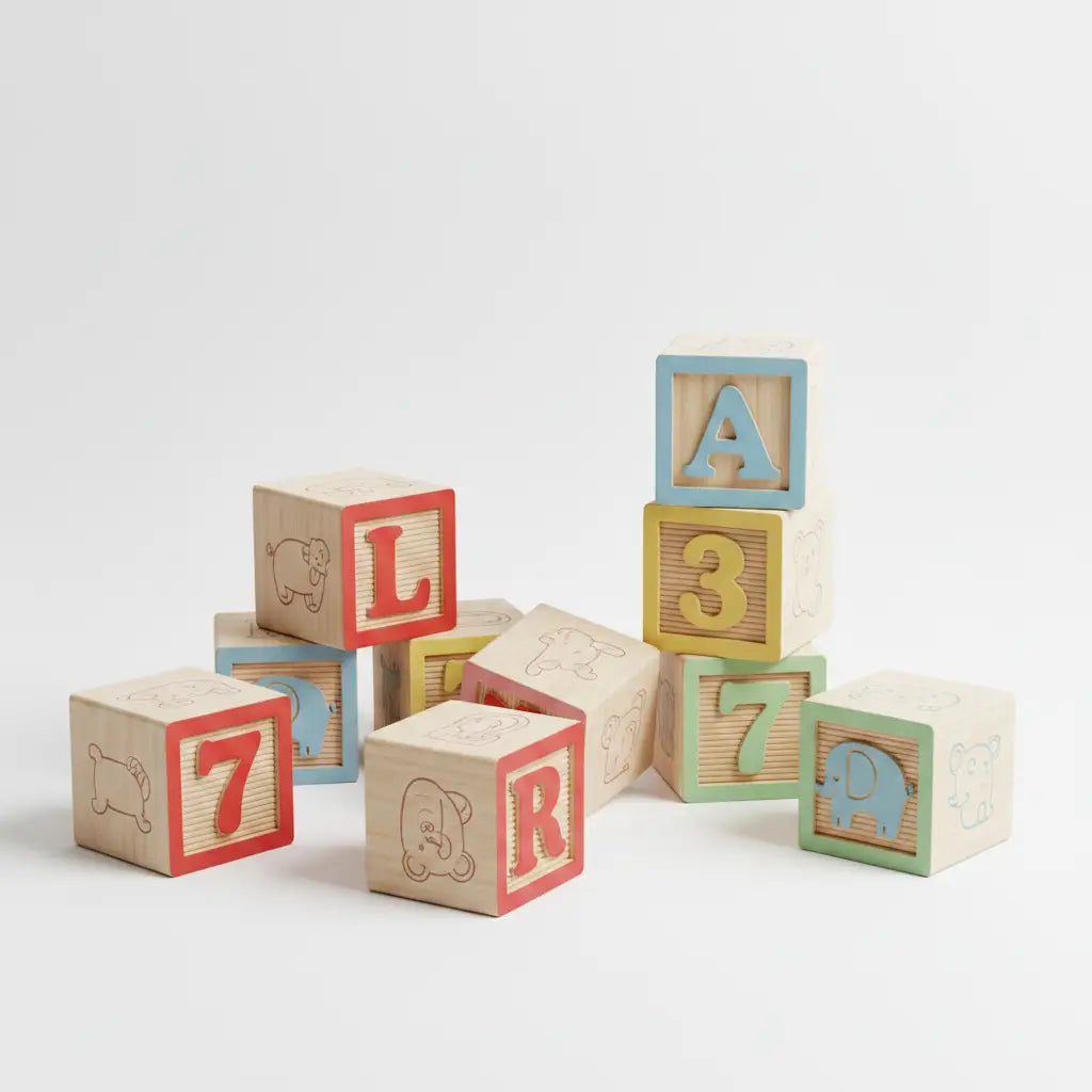 Wooden alphabet and number blocks with colorful painted edges featuring letters a l r and numbers 3 7 on white background