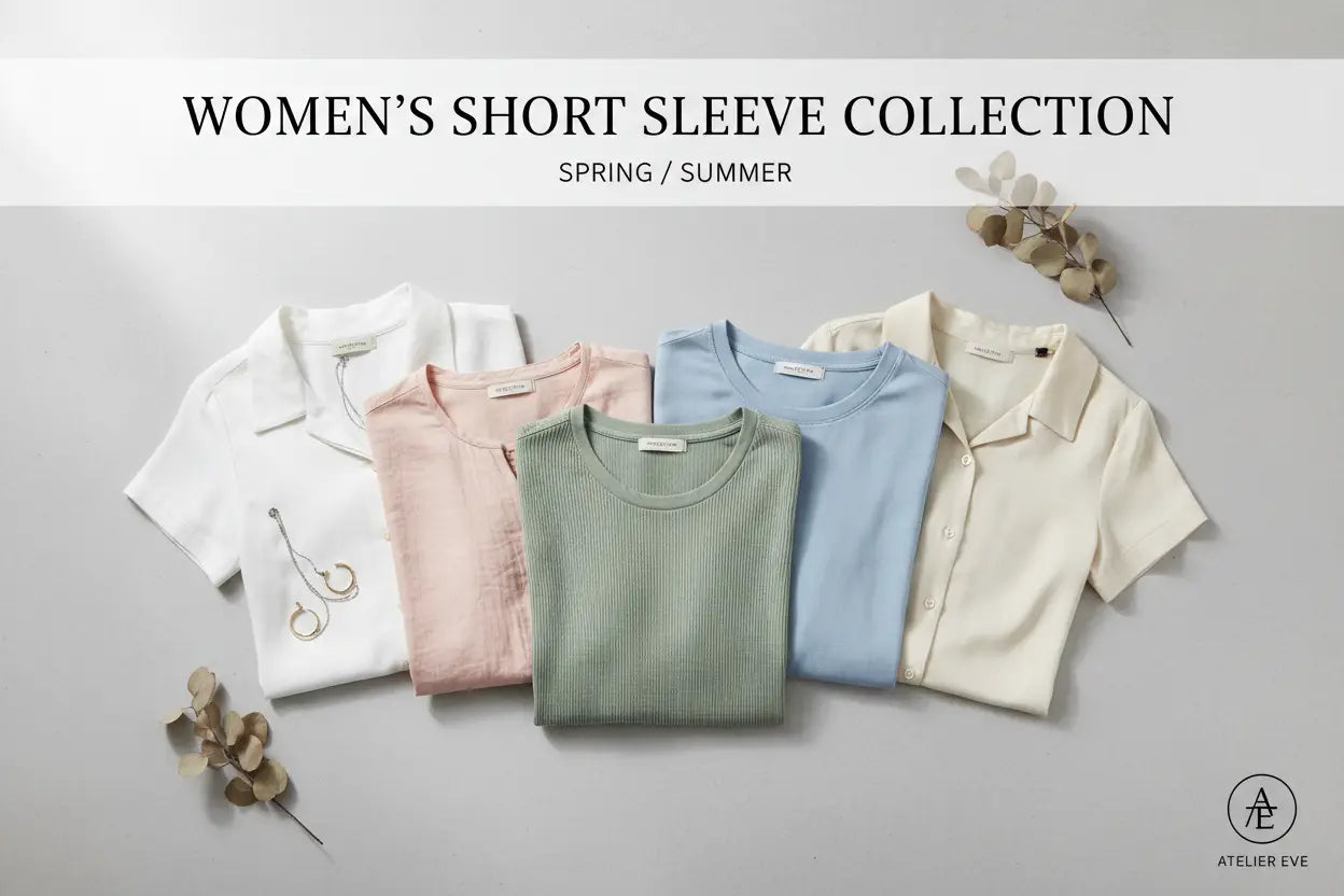 A collection of women’s casual short sleeve shirts in soft pastel shades including white pink green blue and cream.