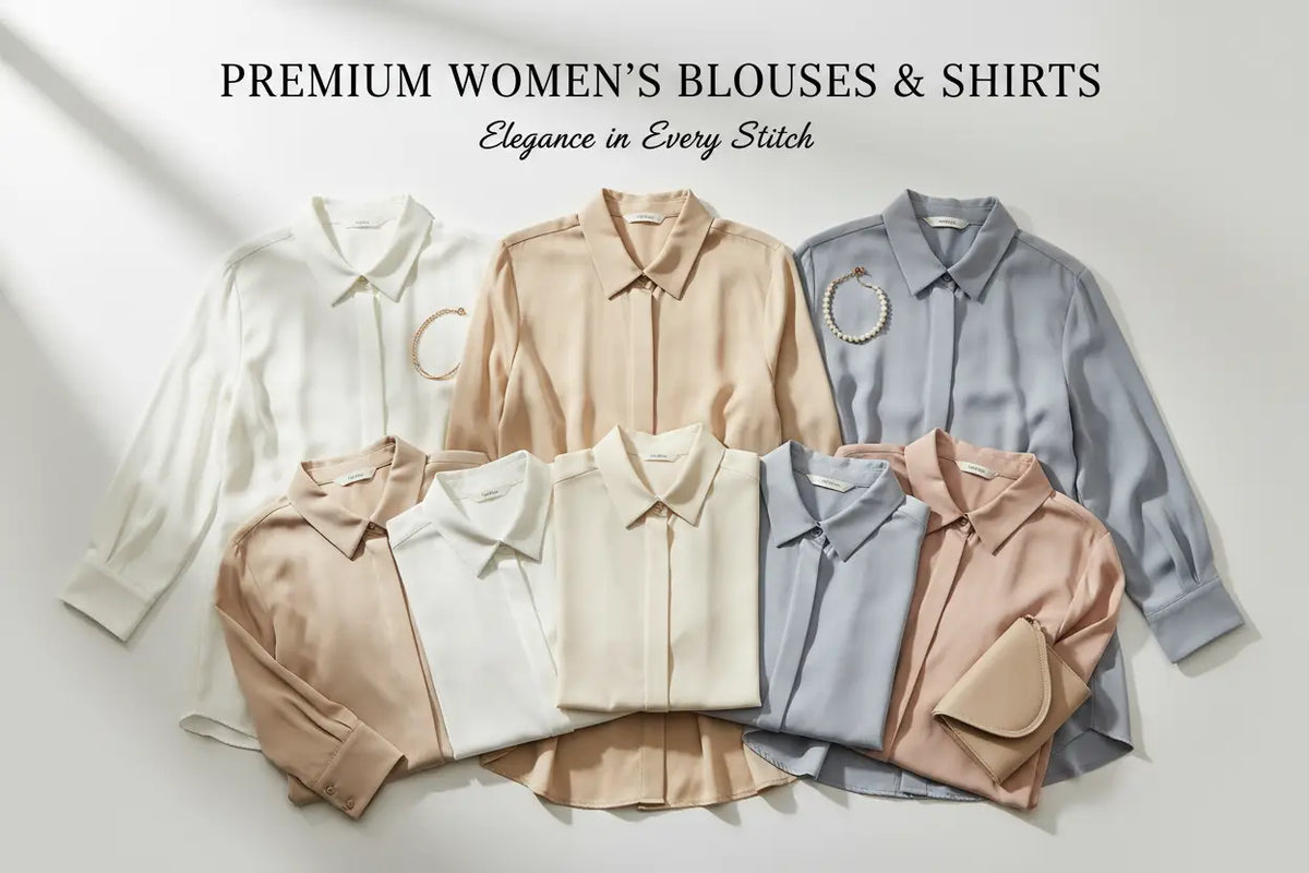 A collection of premium women’s blouses in soft pastel shades including cream beige and light blue from chic blouses and shirts