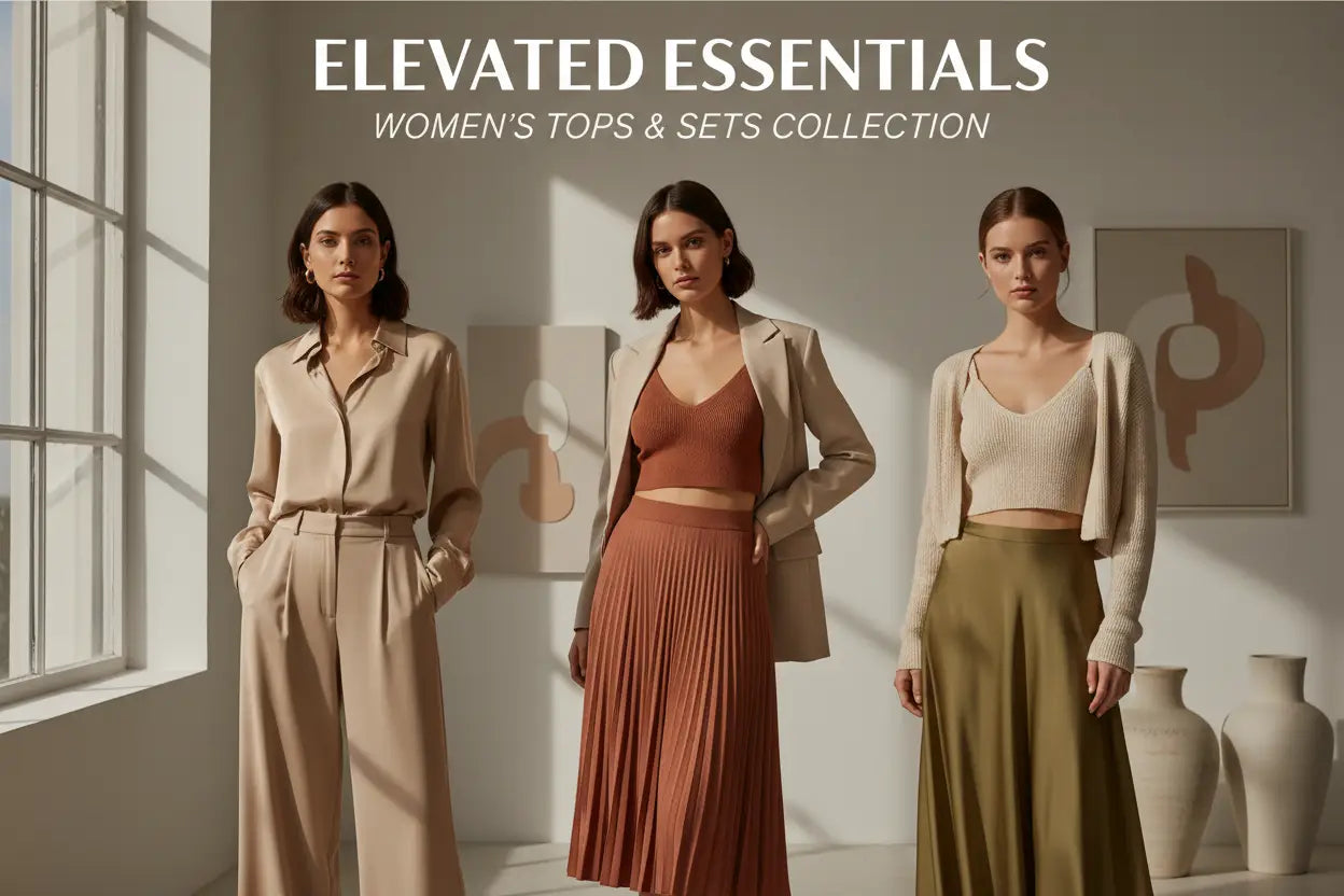 Three women model elegant coordinated tops and matching sets from the elevated essentials collection in neutral tones.
