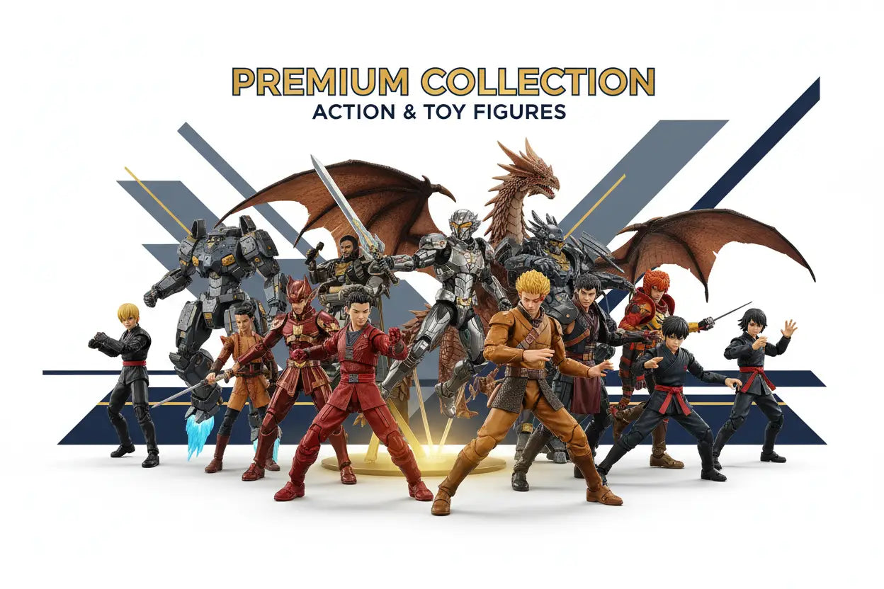 A collection of premium collectible action figures featuring detailed articulated designs in various colors and materials.