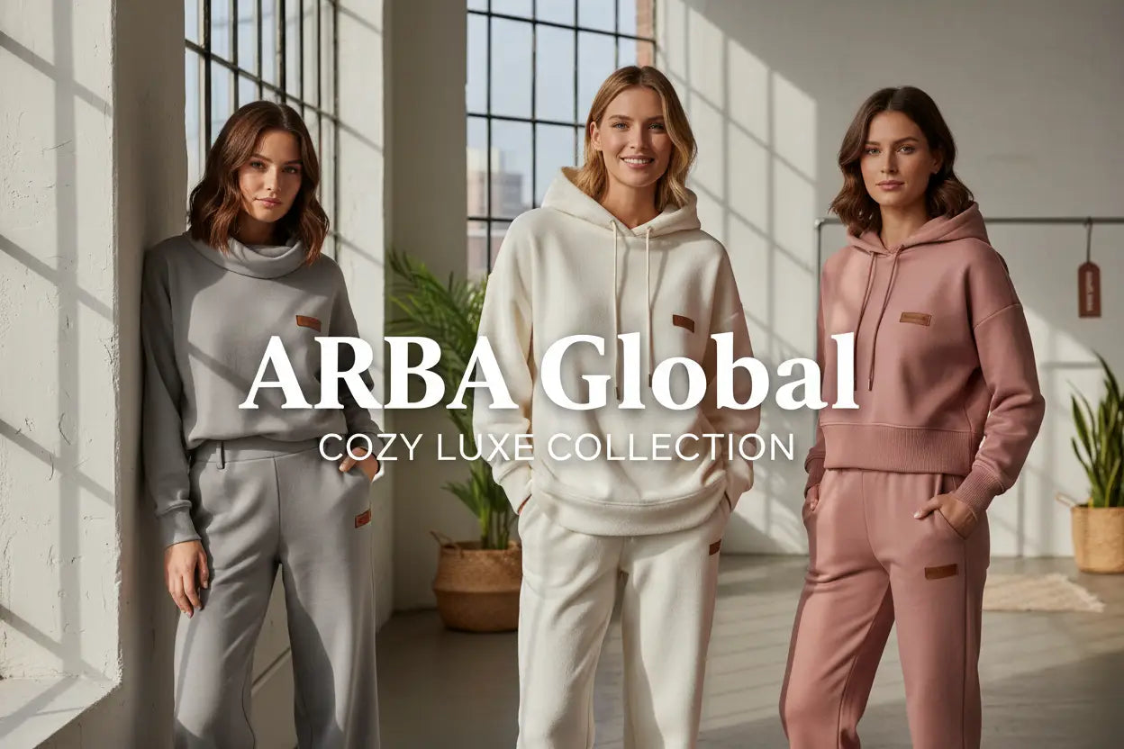 The arba global cozy luxe collection shows three models wearing soft gray cream and rose pink sweatsuits with brown leather patches.