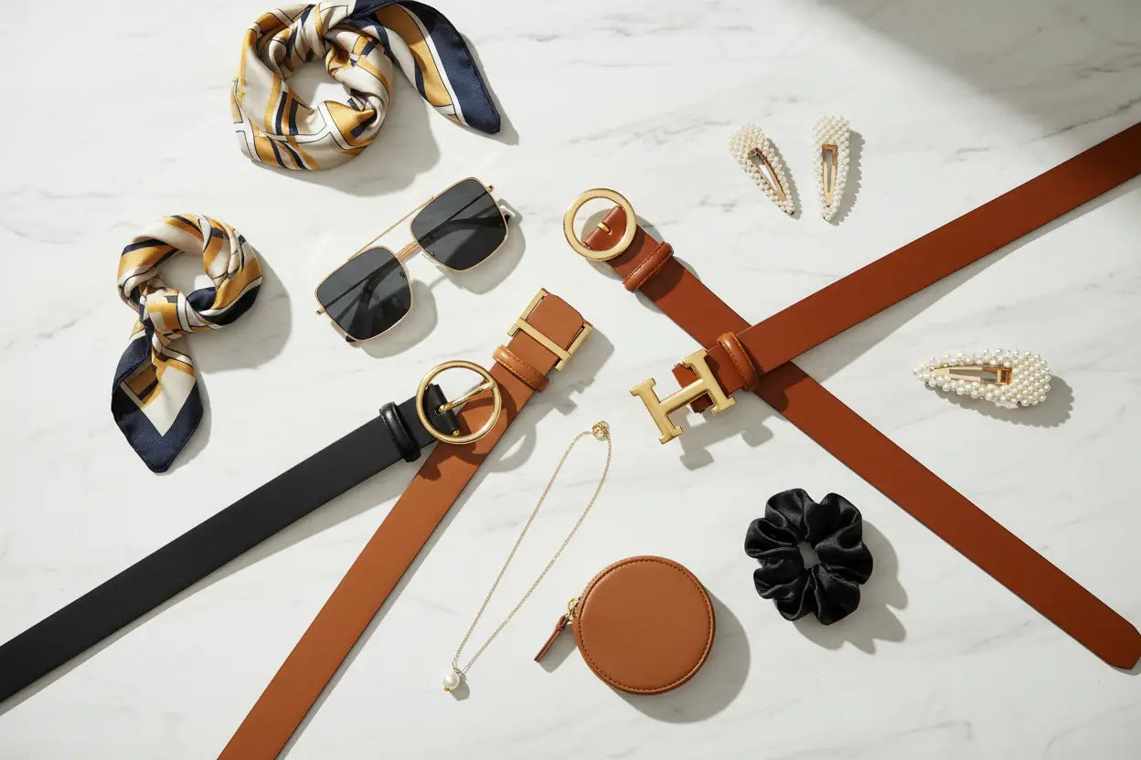 Brown leather belt with gold-tone circular buckle and h-shaped metal clasp from designer belts and fashion accessories.