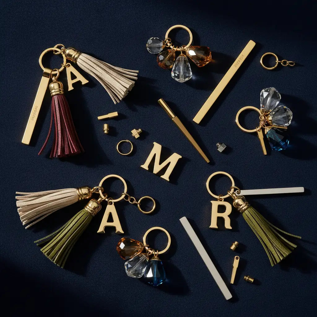 Gold-toned designer keychains with beige burgundy and olive green leather tassels crystal gemstones and initial charms.