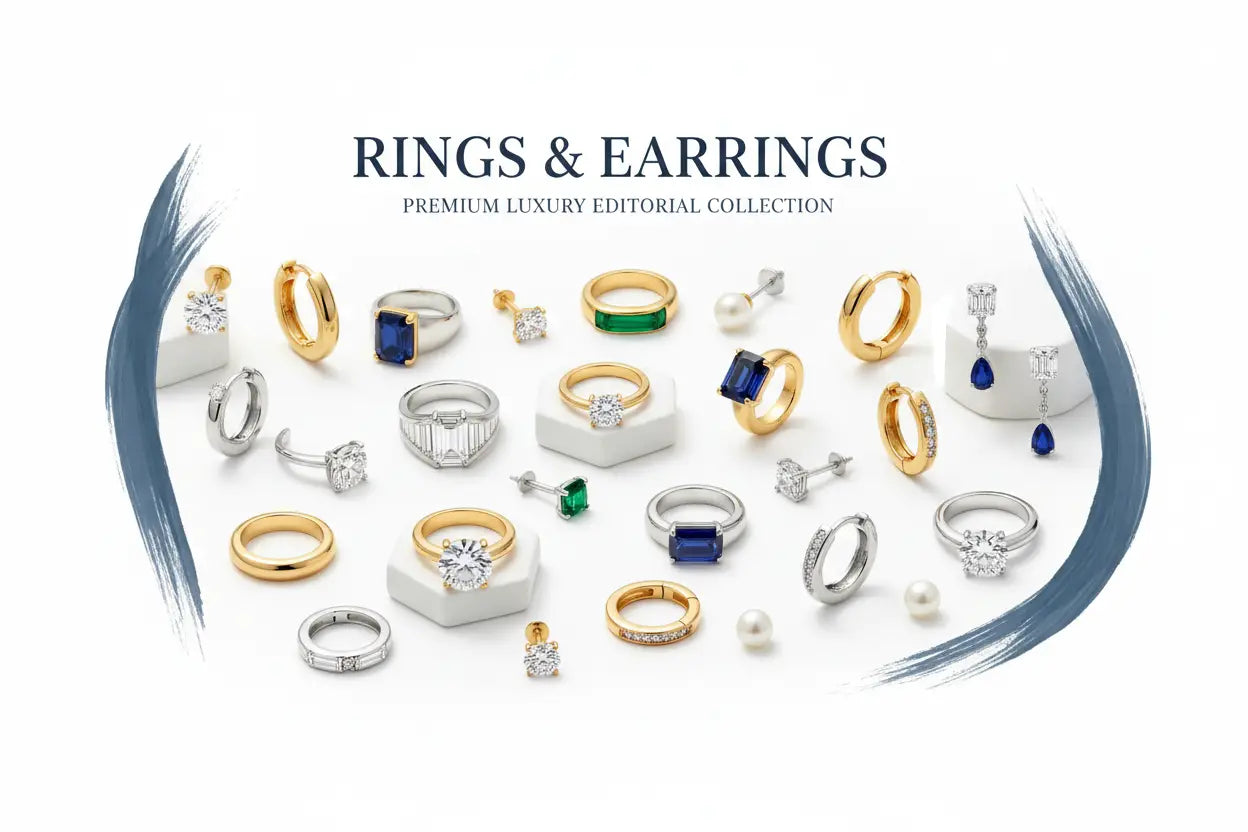 A collection of designer rings and earrings in gold silver and platinum with diamonds sapphires emeralds and pearls.