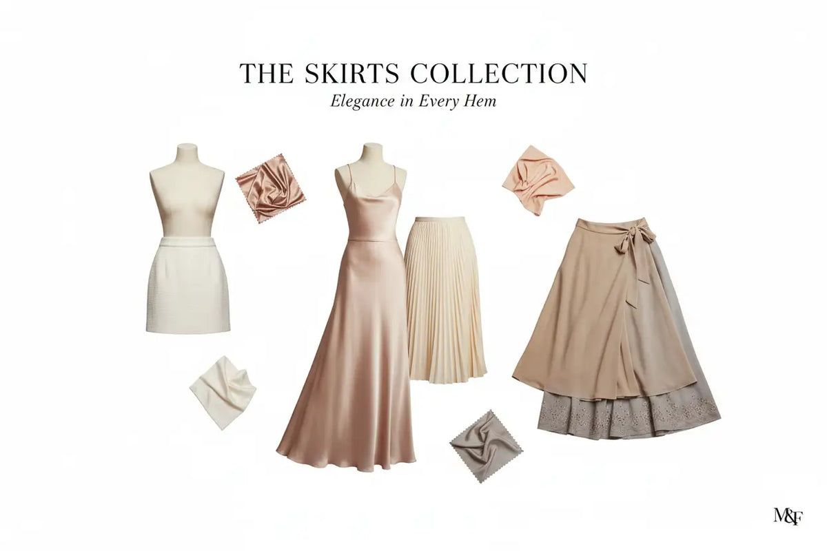 A flowing blush satin midi dress with a fitted bodice and elegant draped hemline from designer skirts collection.
