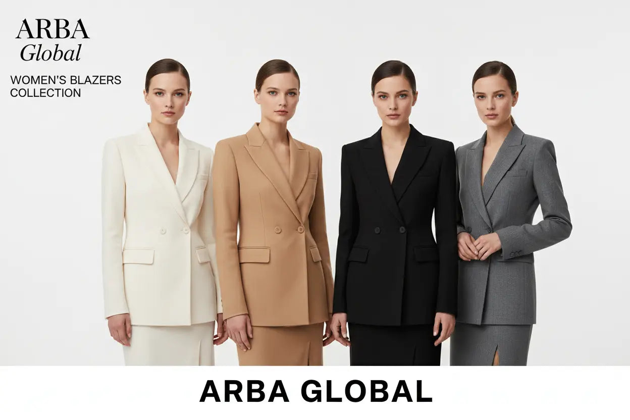 Four women model arba global cream camel black and gray designer women’s blazers in a professional collection.